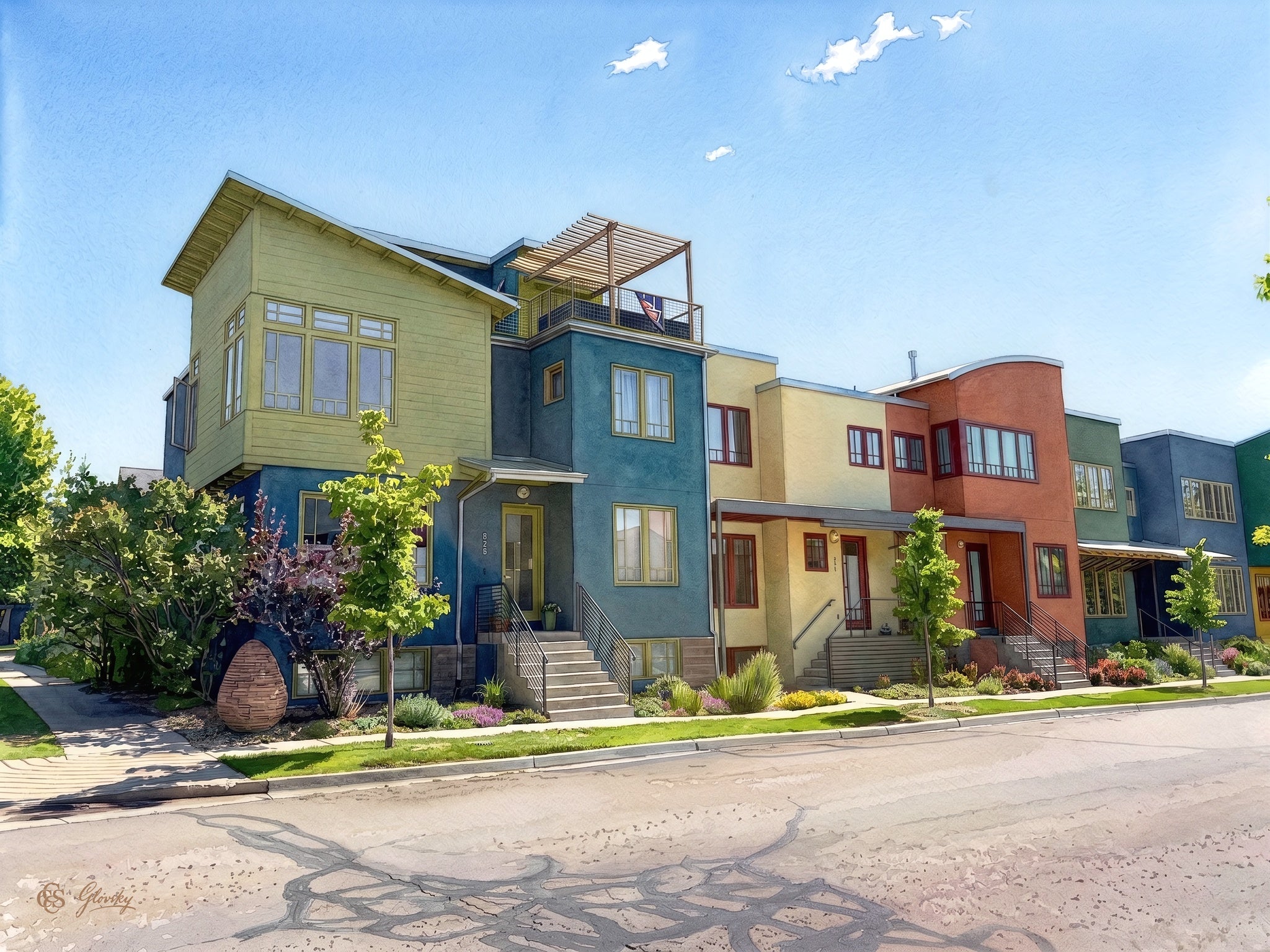 Digital watercolor of the iconic Crayola Box row townhomes on Tenacity Drive in summer morning light, Prospect New Town, Longmont, Colorado, in the combined style of Sargent and Renoir.