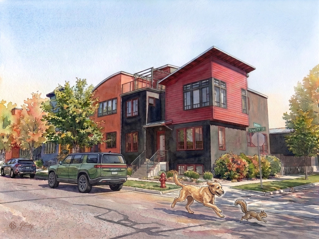 Impressionist watercolor of a golden dog chasing a squirrel across Tenacity Drive in front of the Crayola Box townhouses in Prospect New Town, Longmont, Colorado, in the combined style of Sargent and Renoir.