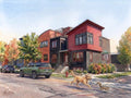 Impressionist watercolor of a golden dog chasing a squirrel across Tenacity Drive in front of the Crayola Box townhouses in Prospect New Town, Longmont, Colorado, in the combined style of Sargent and Renoir.