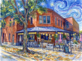 A Van Gogh-style watercolor of Sugar Pine Eatery in Longmont, Colorado, beneath a swirling, star-filled night sky.