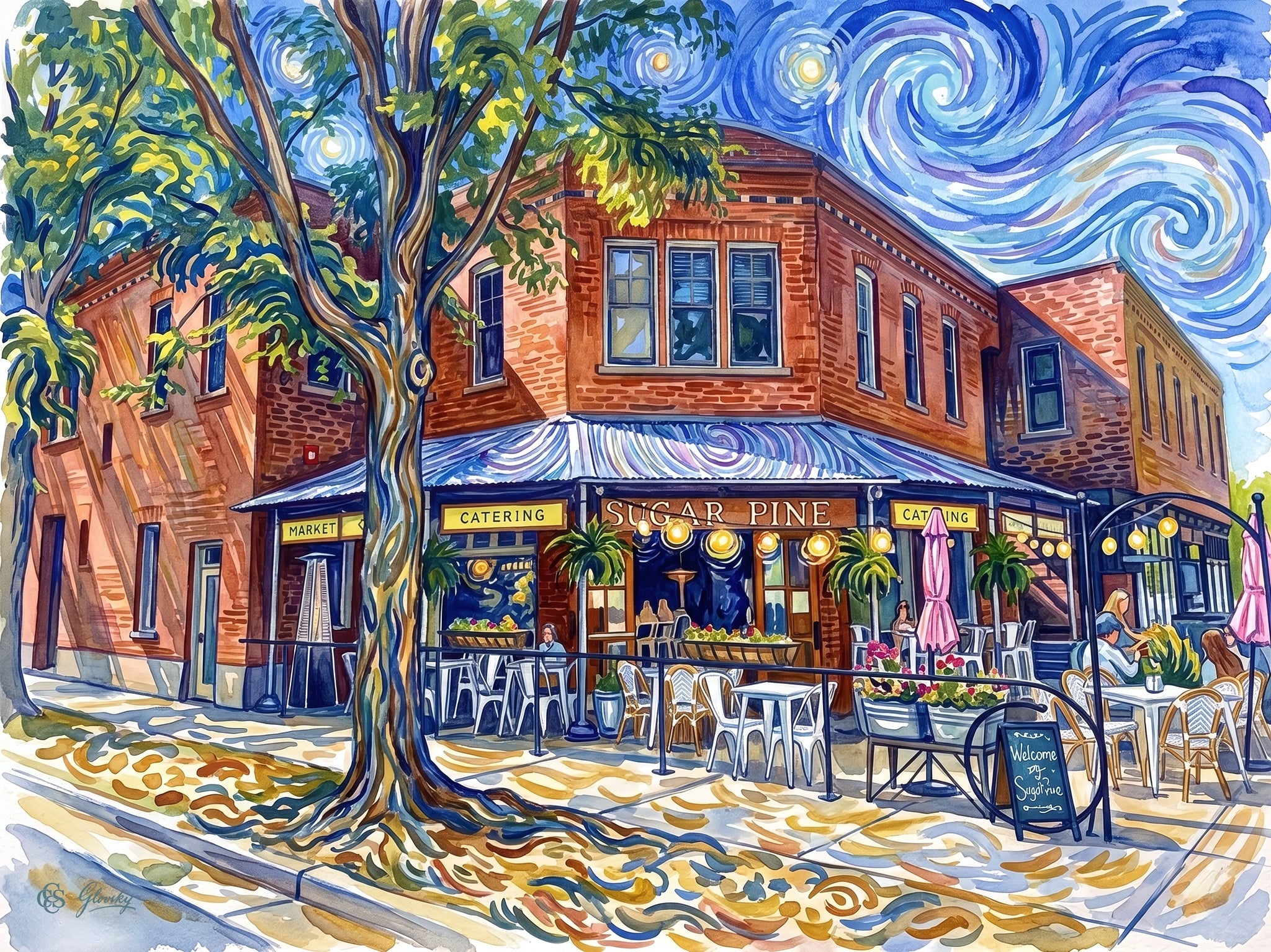 A Van Gogh-style watercolor of Sugar Pine Eatery in Longmont, Colorado, beneath a swirling, star-filled night sky.