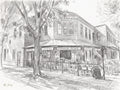 A detailed graphite sketch of Sugar Pine Eatery in Longmont, Colorado, capturing the building's architecture and patio before color is applied.