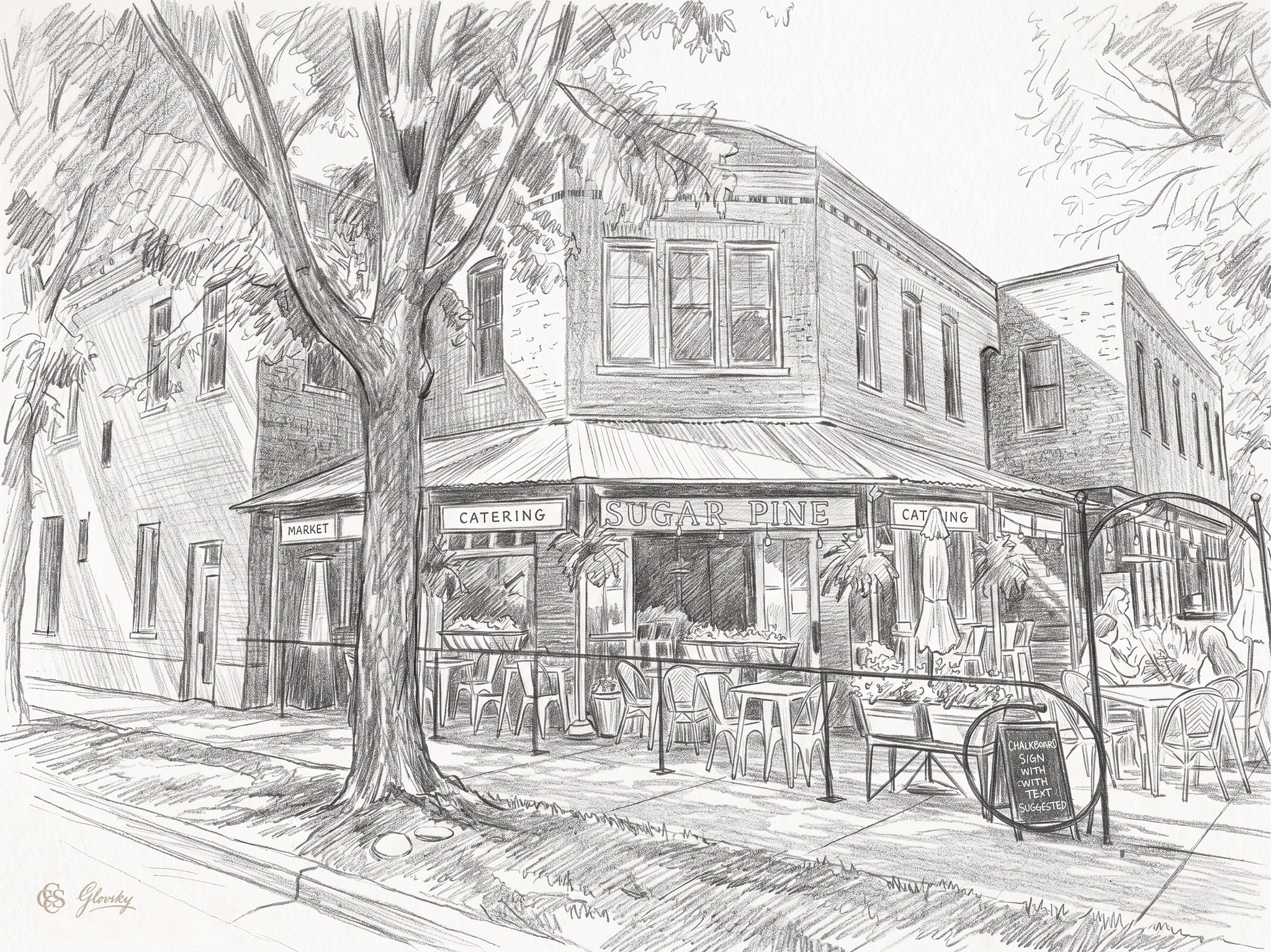 A detailed graphite sketch of Sugar Pine Eatery in Longmont, Colorado, capturing the building's architecture and patio before color is applied.
