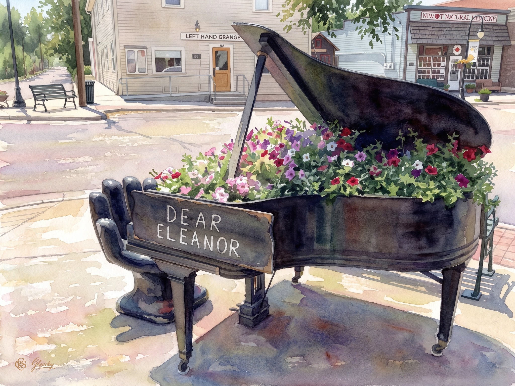 A watercolor painting of the Dear Eleanor grand piano planter overflowing with vibrant petunias on Second Avenue in Niwot, Colorado, rendered in the combined Impressionist styles of Renoir and Sargent.