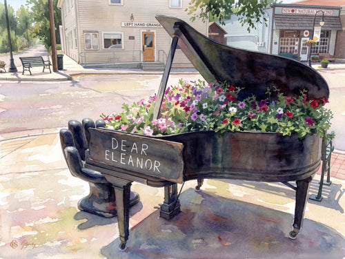 A watercolor painting of the Dear Eleanor grand piano planter overflowing with vibrant petunias on Second Avenue in Niwot, Colorado, rendered in the combined Impressionist styles of Renoir and Sargent.