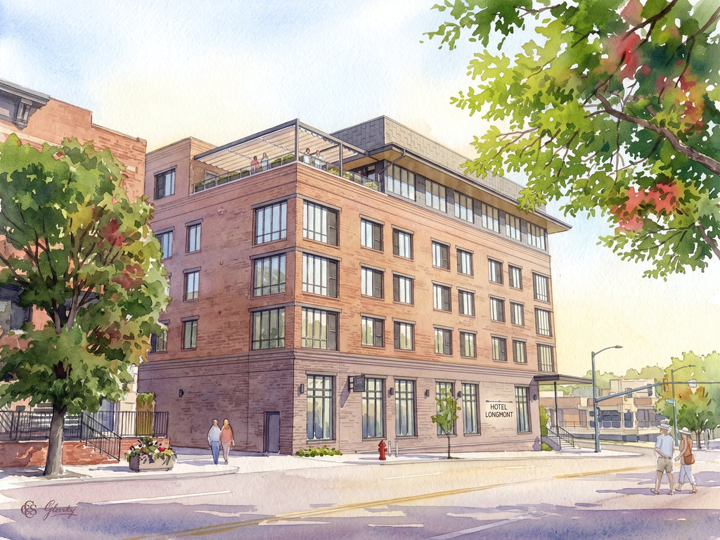 Renoir-style watercolor of Hotel Longmont in golden evening light, its brick facade framed by lush trees flecked with red and gold in downtown Longmont, Colorado.