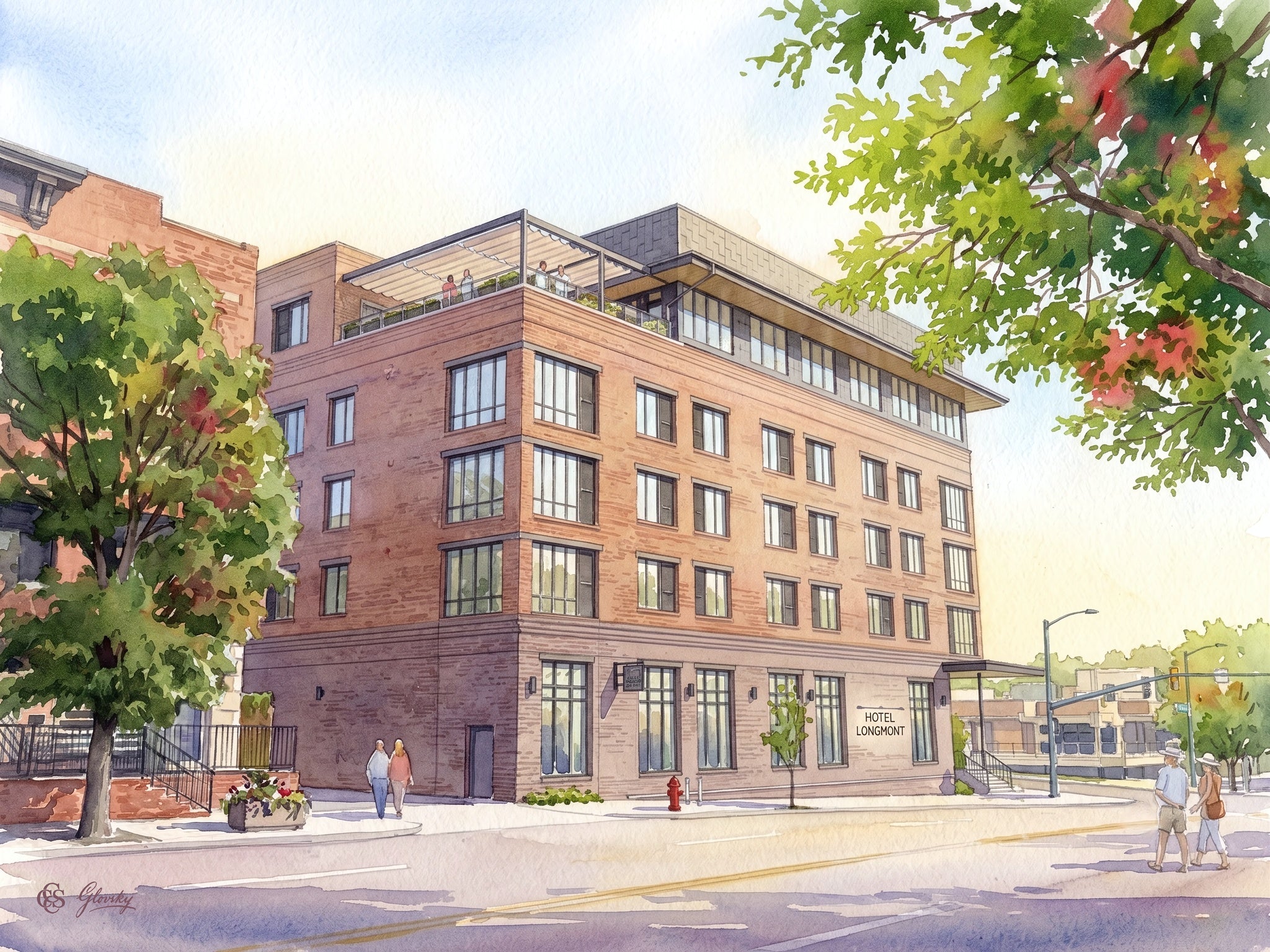 Renoir-style watercolor of Hotel Longmont in golden evening light, its brick facade framed by lush trees flecked with red and gold in downtown Longmont, Colorado.