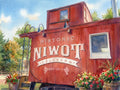 Impressionist watercolor of the red CB&Q Burlington Route caboose #14649 at Whistlestop Park in Niwot, Colorado, on a sunny afternoon.