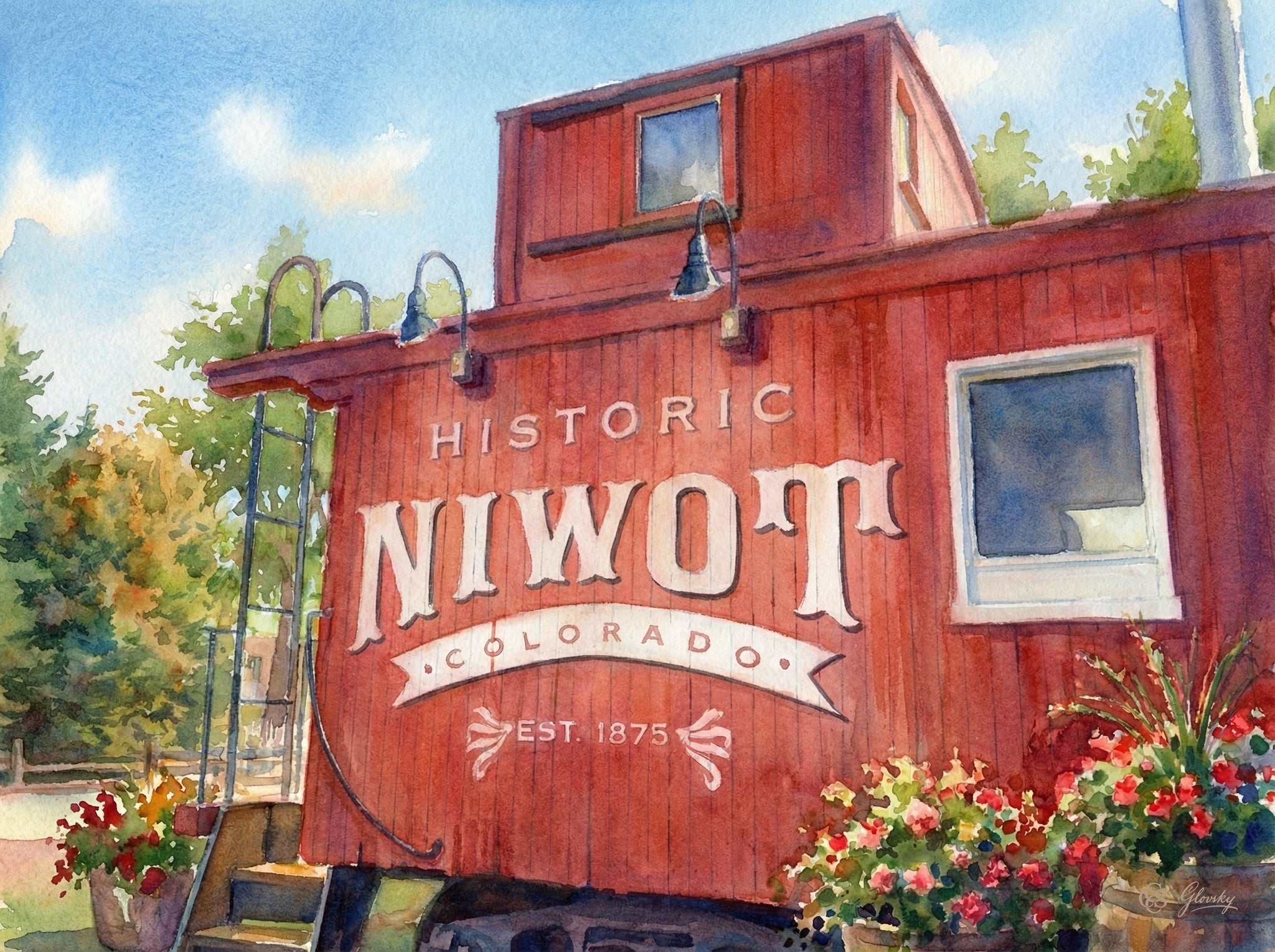 Impressionist watercolor of the red CB&Q Burlington Route caboose #14649 at Whistlestop Park in Niwot, Colorado, on a sunny afternoon.
