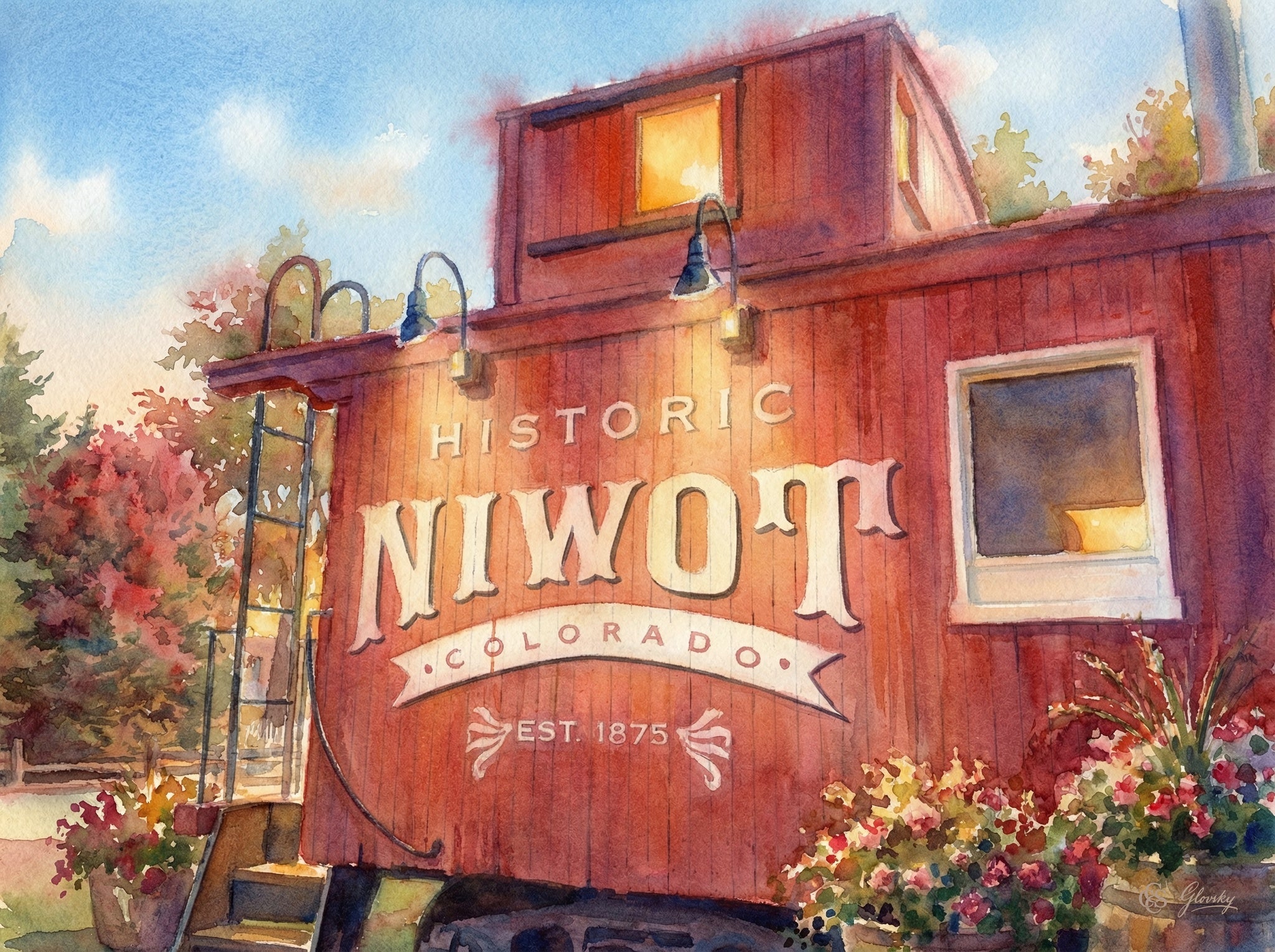 Digital watercolor of Niwot's historic caboose glowing at dusk in Whistlestop Park, in the style of Renoir. 