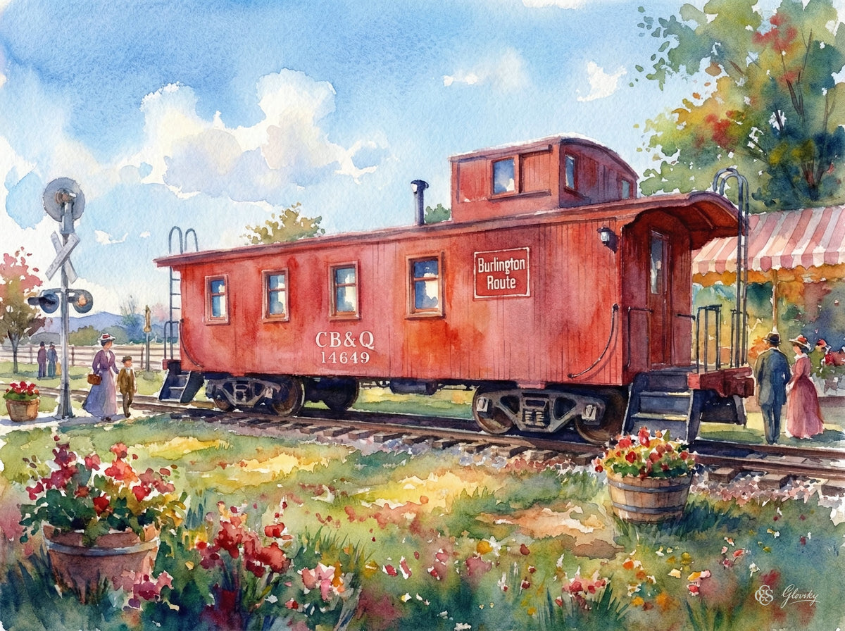 French Impressionist watercolor of Niwot's historic red caboose at Whistlestop Park in warm October afternoon light, in the style of Renoir.