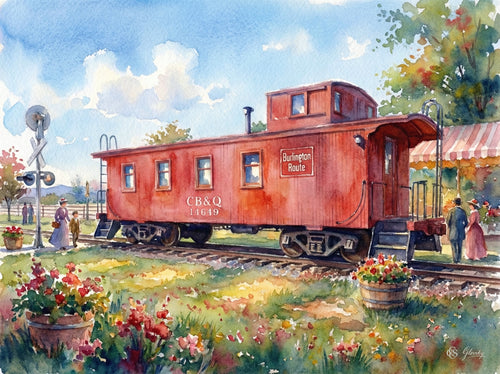 French Impressionist watercolor of Niwot's historic red caboose at Whistlestop Park in warm October afternoon light, in the style of Renoir.