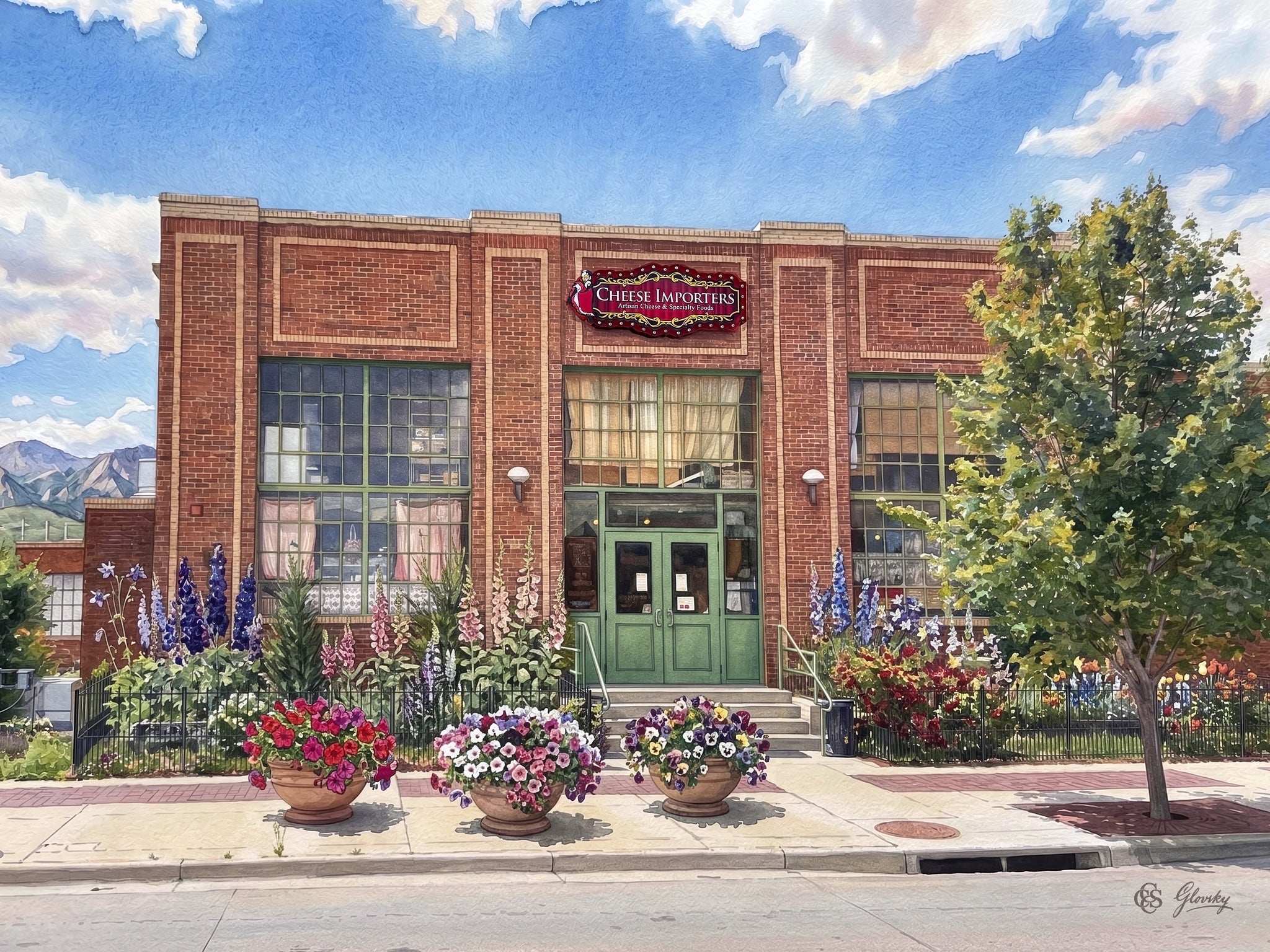 A Digital Luminism watercolor of Cheese Importers at 103 Main Street, Longmont, Colorado, rendered in the combined styles of Renoir and Sargent with vibrant Colorado wildflowers and a brilliant blue Rocky Mountain sky.