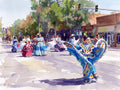 Digital watercolor rendering of a folk dance procession on Main Street in downtown Longmont, Colorado, in the style of John Singer Sargent