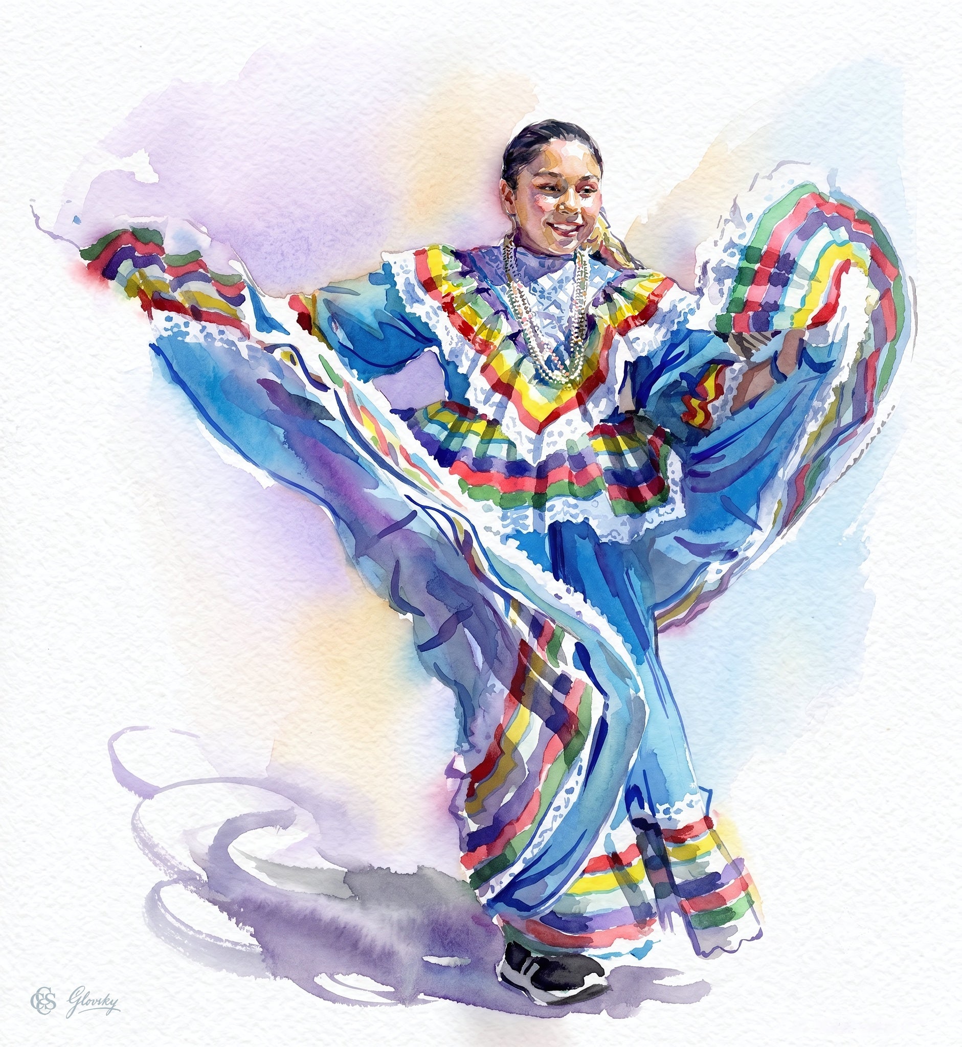 Digital watercolor rendering of a young Mexican folk dancer mid-twirl in a vibrant ribboned blue dress, in the style of John Singer Sargent.