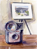 Watercolor painting of a vintage Kodak Brownie Starmite camera on a wooden table, rendered in Impressionist Pissarro and Sargent style.