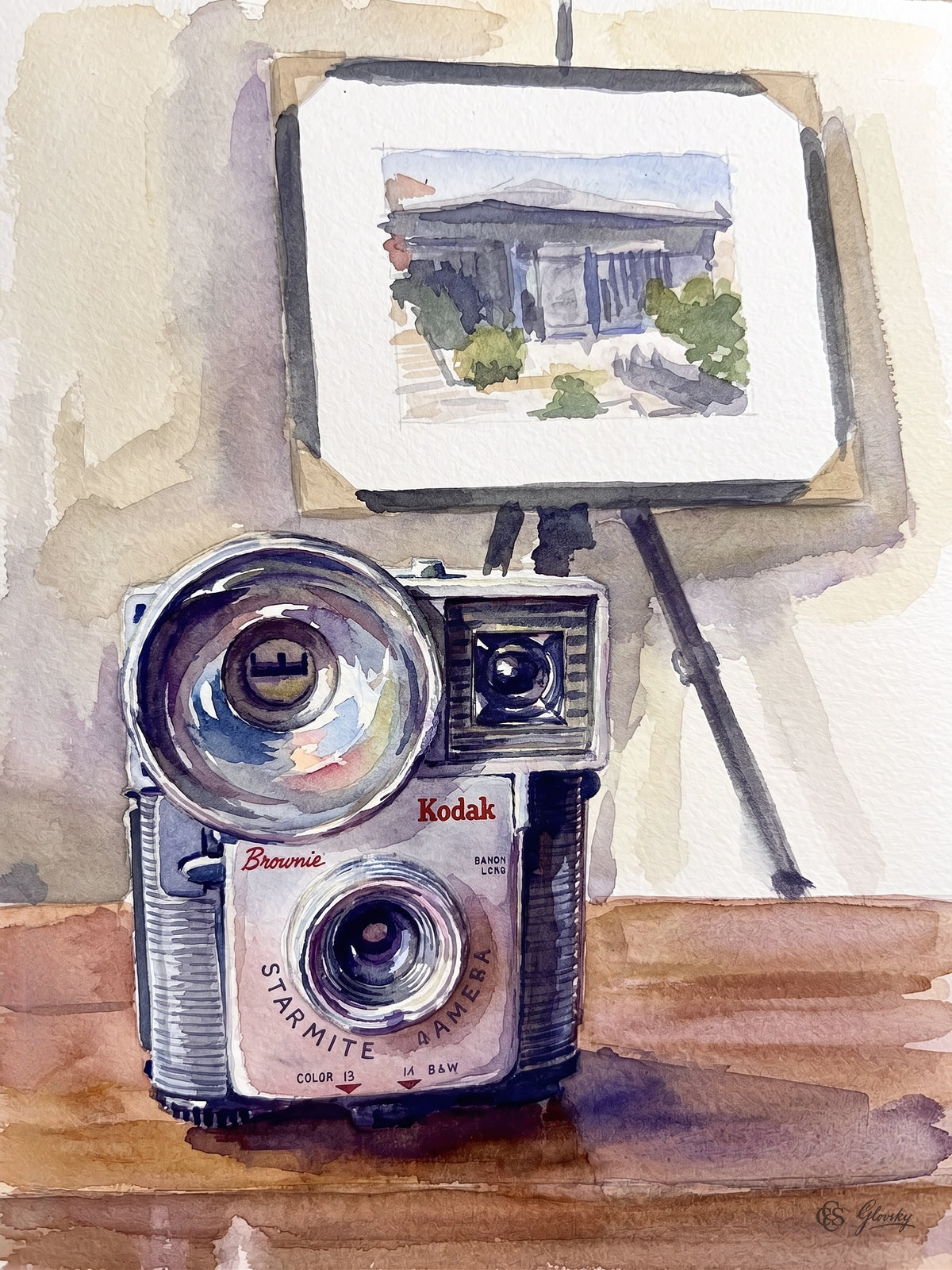 Watercolor painting of a vintage Kodak Brownie Starmite camera on a wooden table, rendered in Impressionist Pissarro and Sargent style.