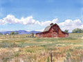 Digital watercolor of a red barn beneath towering summer cumulus clouds on the Colorado Front Range, painted in the combined styles of Pissarro and Hassam.