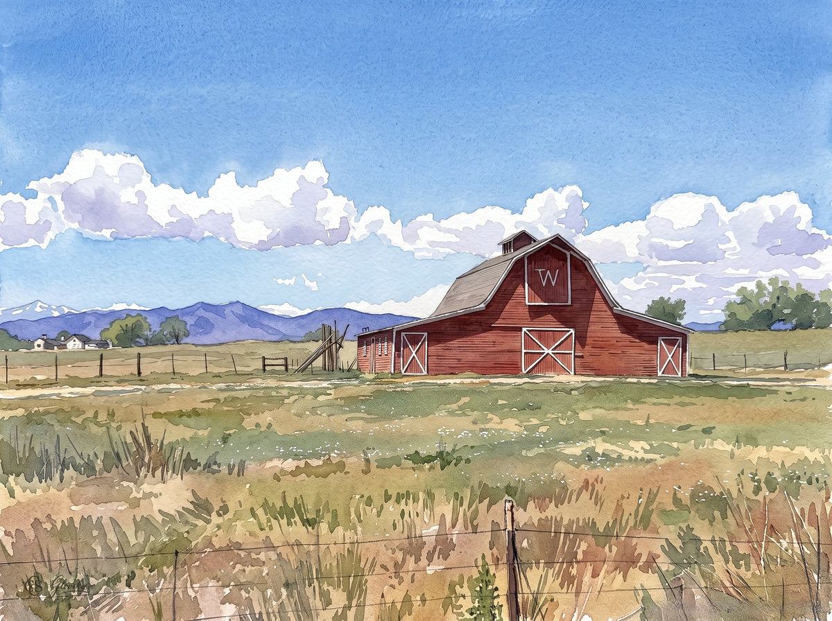 Digital watercolor of a red barn beneath towering summer cumulus clouds on the Colorado Front Range, painted in the combined styles of Pissarro and Hassam.