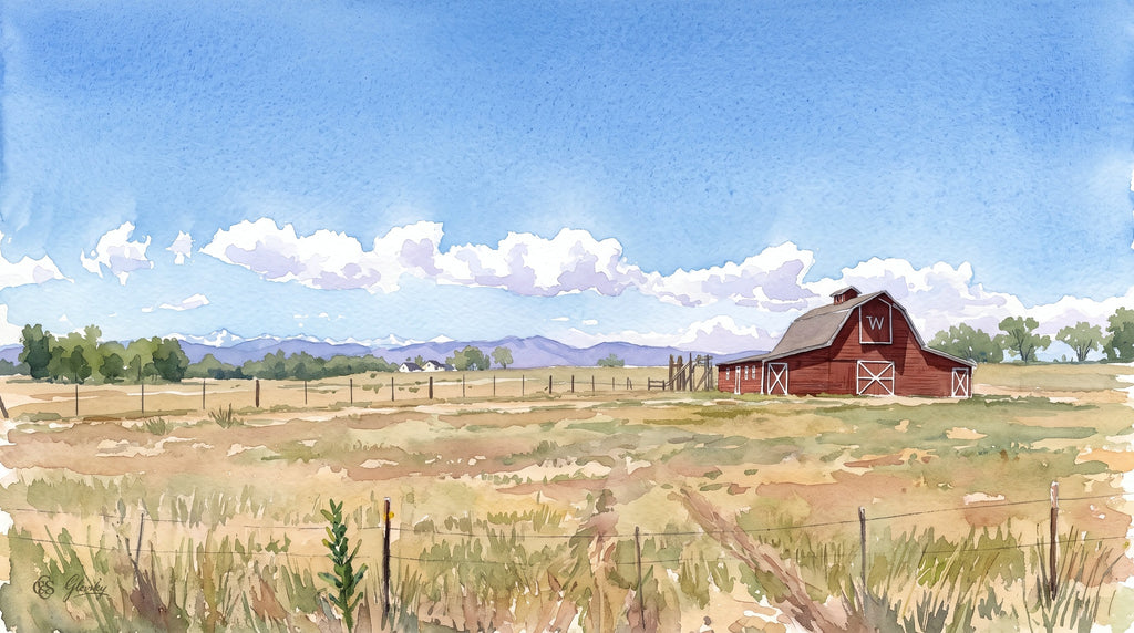Wide panoramic impressionist watercolor of a red barn set within an expansive Colorado prairie landscape, in the combined styles of Pissarro and Hassam.
