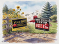 Digital watercolor of two Niwot, Colorado incorporation campaign yard signs anthropomorphized as boxers, in the style of John Singer Sargent.