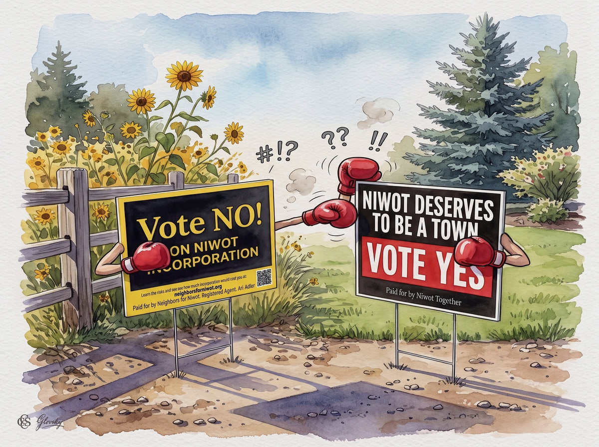 Digital watercolor of two Niwot, Colorado incorporation campaign yard signs anthropomorphized as boxers, in the style of John Singer Sargent.