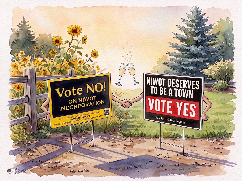 Digital watercolor of two Niwot, Colorado incorporation campaign yard signs shaking hands at golden hour, blending John Singer Sargent and Pierre-Auguste Renoir styles.