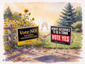 Digital watercolor of two Niwot, Colorado incorporation campaign yard signs shaking hands at golden hour, blending John Singer Sargent and Pierre-Auguste Renoir styles.
