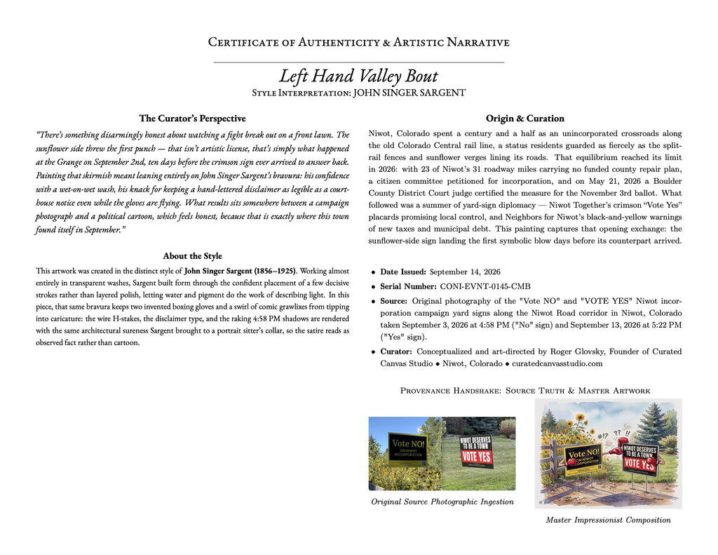 A digital document titled 'Certificate of Authenticity & Artistic Narrative' for 'Left Hand Valley Bout' with Curator's perspective and origin story.