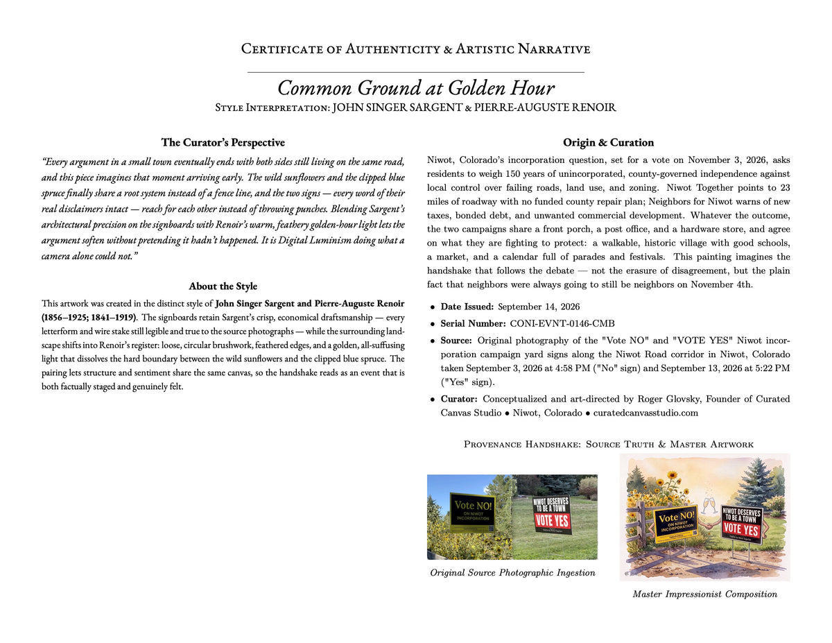 A digital document titled 'Certificate of Authenticity & Artistic Narrative' for 'Common Ground at Golden Hour' with Curator's perspective and origin story.