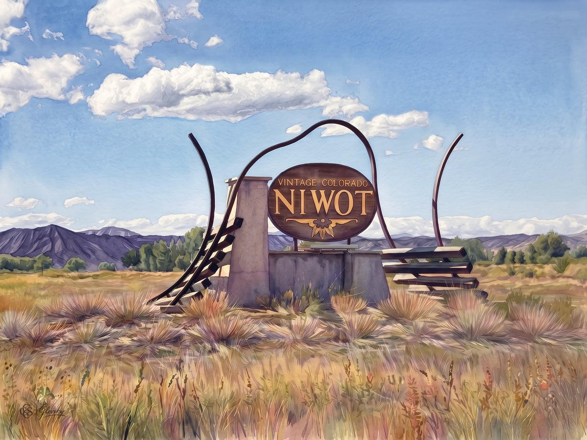 Digital watercolor painting of the "Vintage Colorado Niwot" sign framed by curved steel rails and railroad ties, with golden prairie grass in front and violet Flatirons under a blue sky with white clouds.