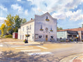 Digital Watercolor of historic Niwot Hall on 2nd Avenue in Niwot, Colorado, a two-story clapboard hall with flower boxes, a corner lamppost and a crosswalk under a blue autumn sky.