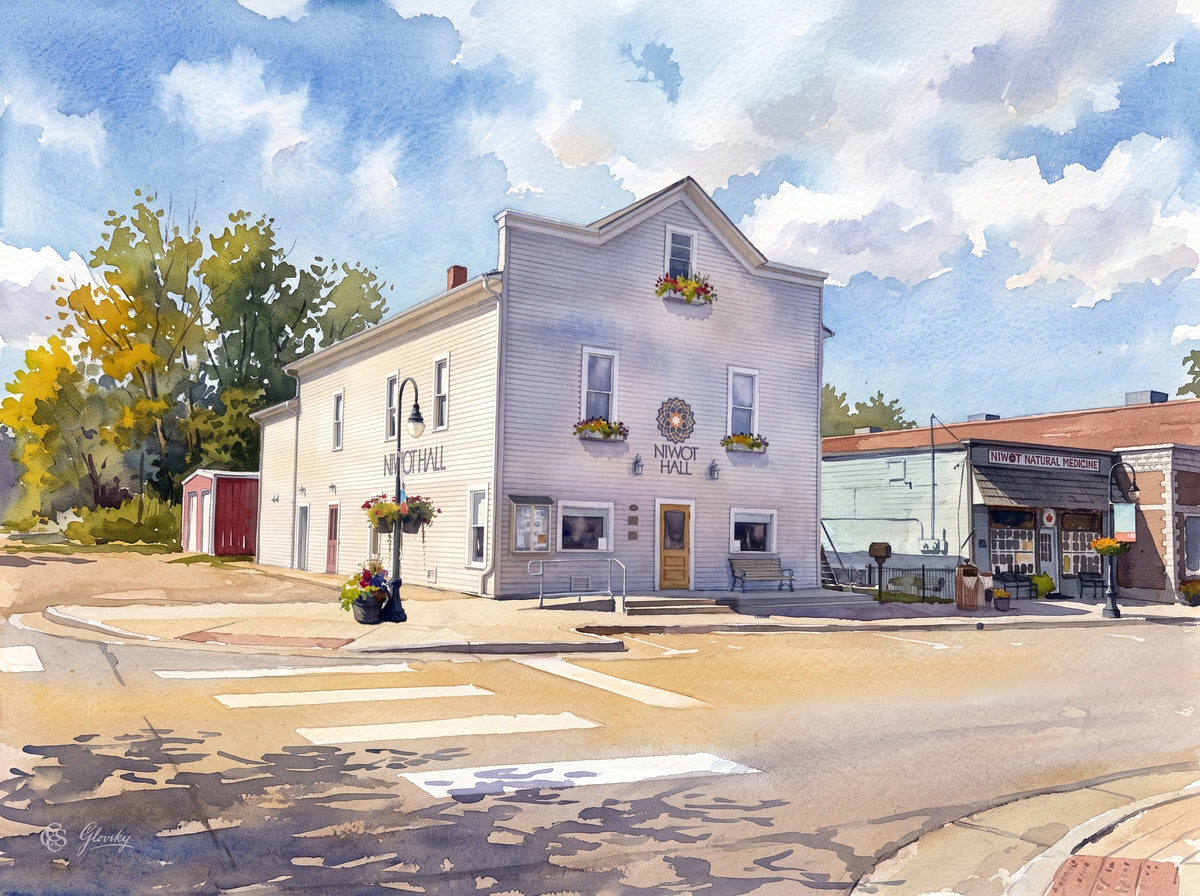 Digital Watercolor of historic Niwot Hall on 2nd Avenue in Niwot, Colorado, a two-story clapboard hall with flower boxes, a corner lamppost and a crosswalk under a blue autumn sky.