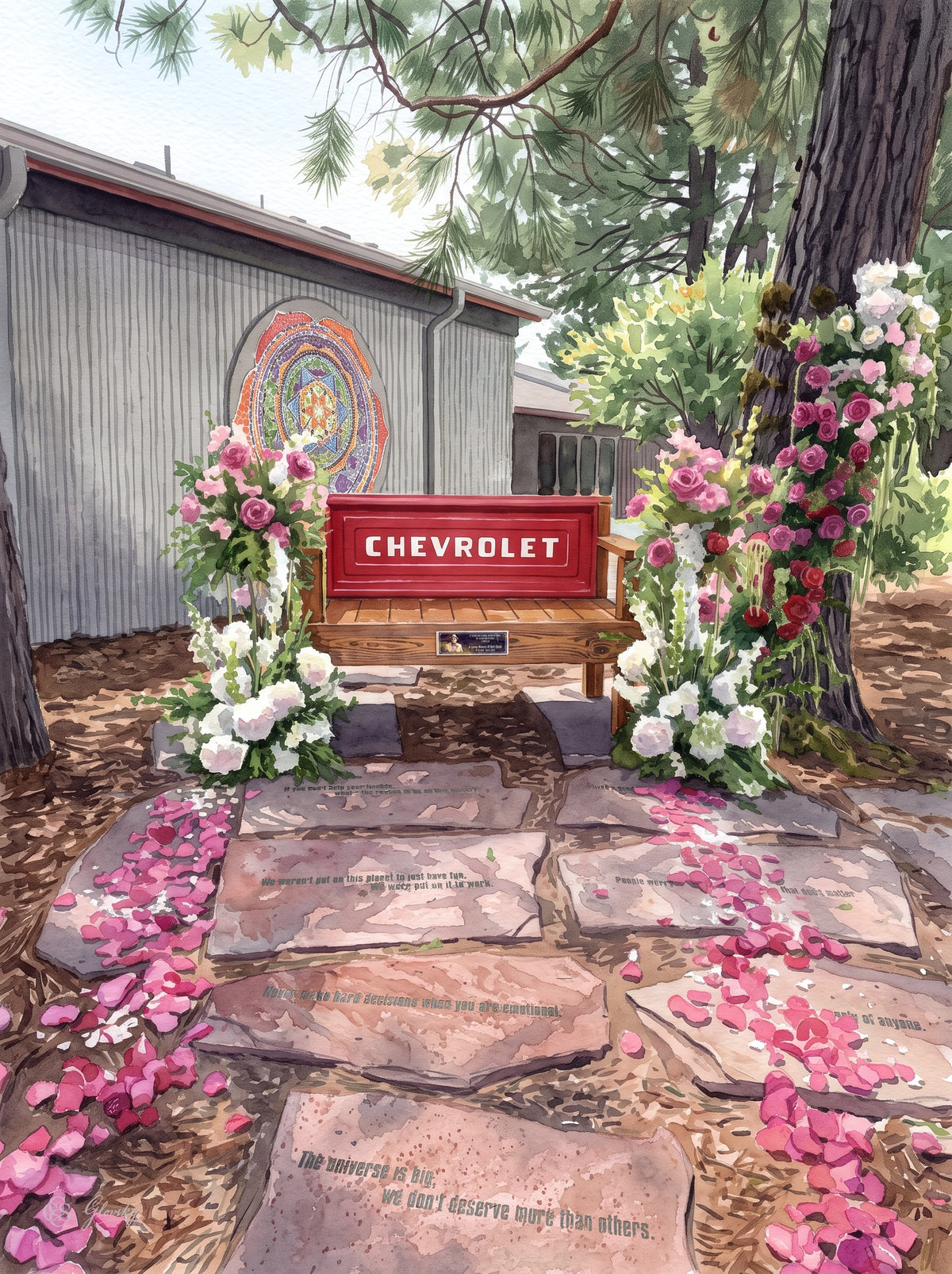 Digital Watercolor of Bert’s Bench at Niwot Market, a red Chevrolet tailgate bench framed by roses and white hydrangeas, with rose petals scattered across carved flagstones.
