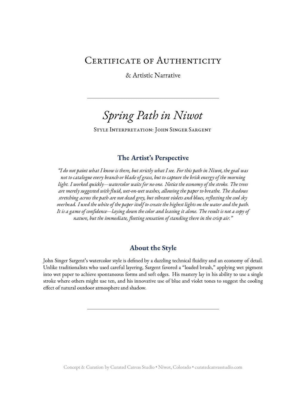 Certificate of Authenticity for 'Spring Path in Niwot' by John Singer Sargent