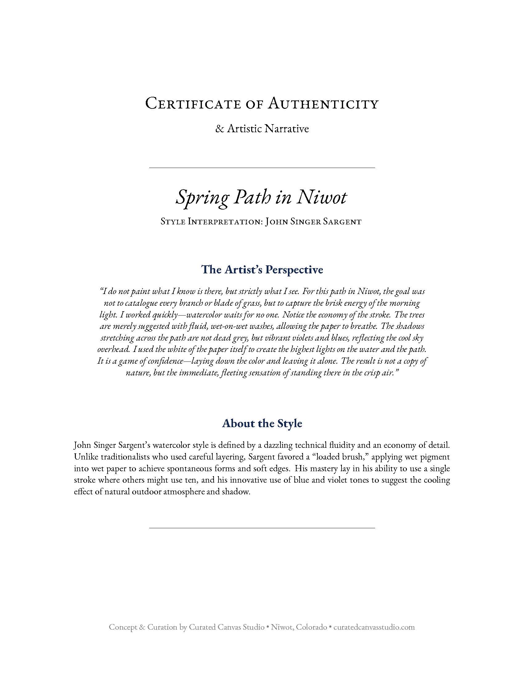 Certificate of Authenticity for 'Spring Path in Niwot' by John Singer Sargent