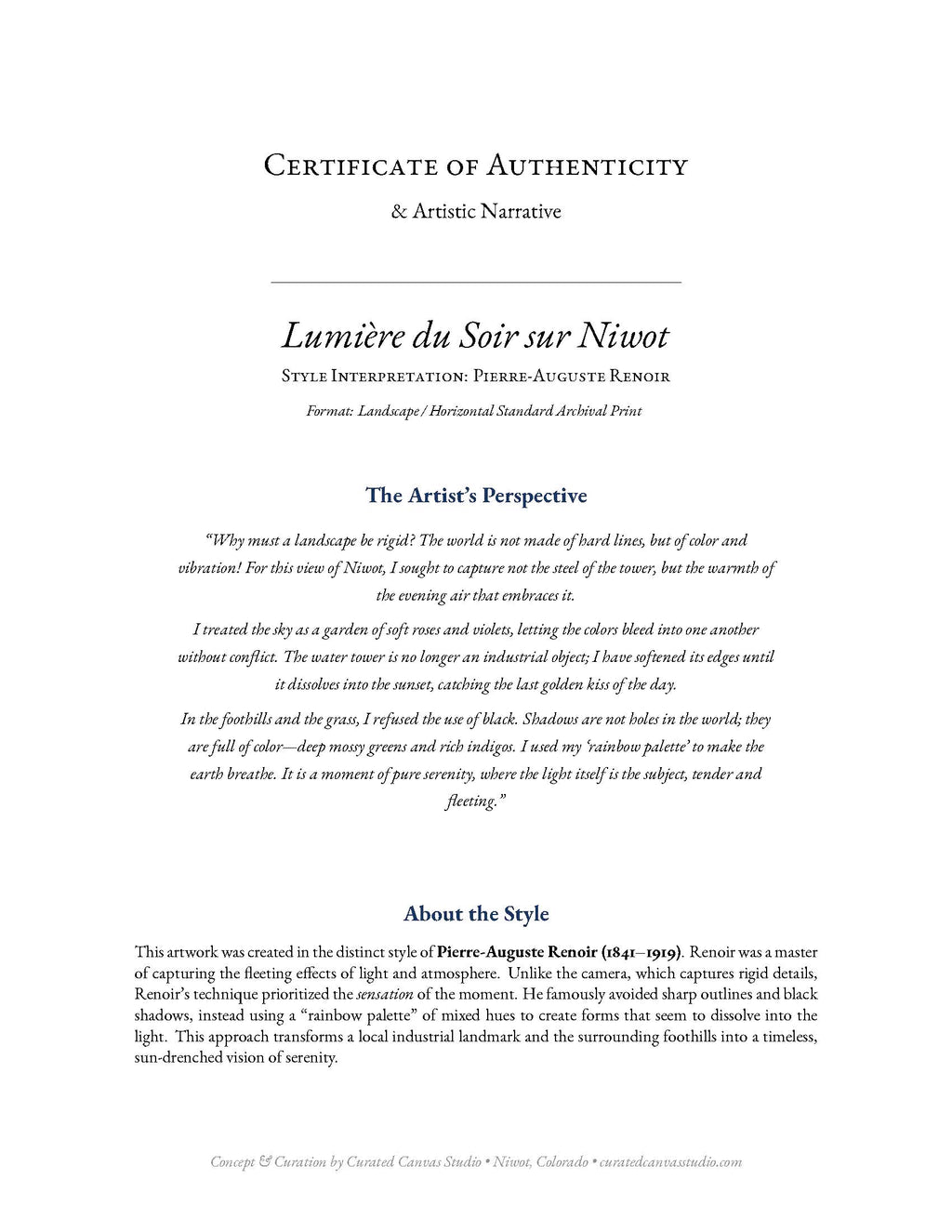 Certificate of Authenticity and Artistic Narrative for 'Lumérie du Soir sur Niwot' by Pierre-Auguste Renoir.
