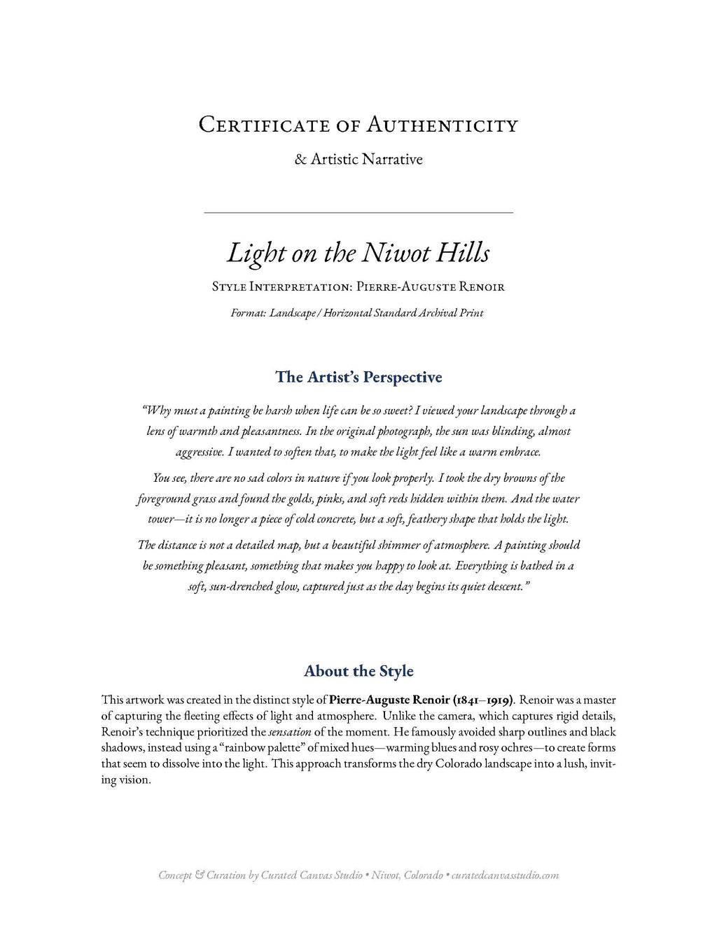 Certificate of Authenticity for a painting titled 'Light on the Niwot Hills' by Pierre-Auguste Renoir.