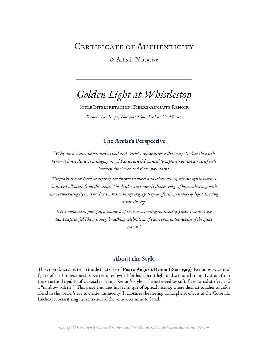 Certificate of Authenticity for 'Golden Light at Whistlestop' by Pierre-Auguste Renoir
