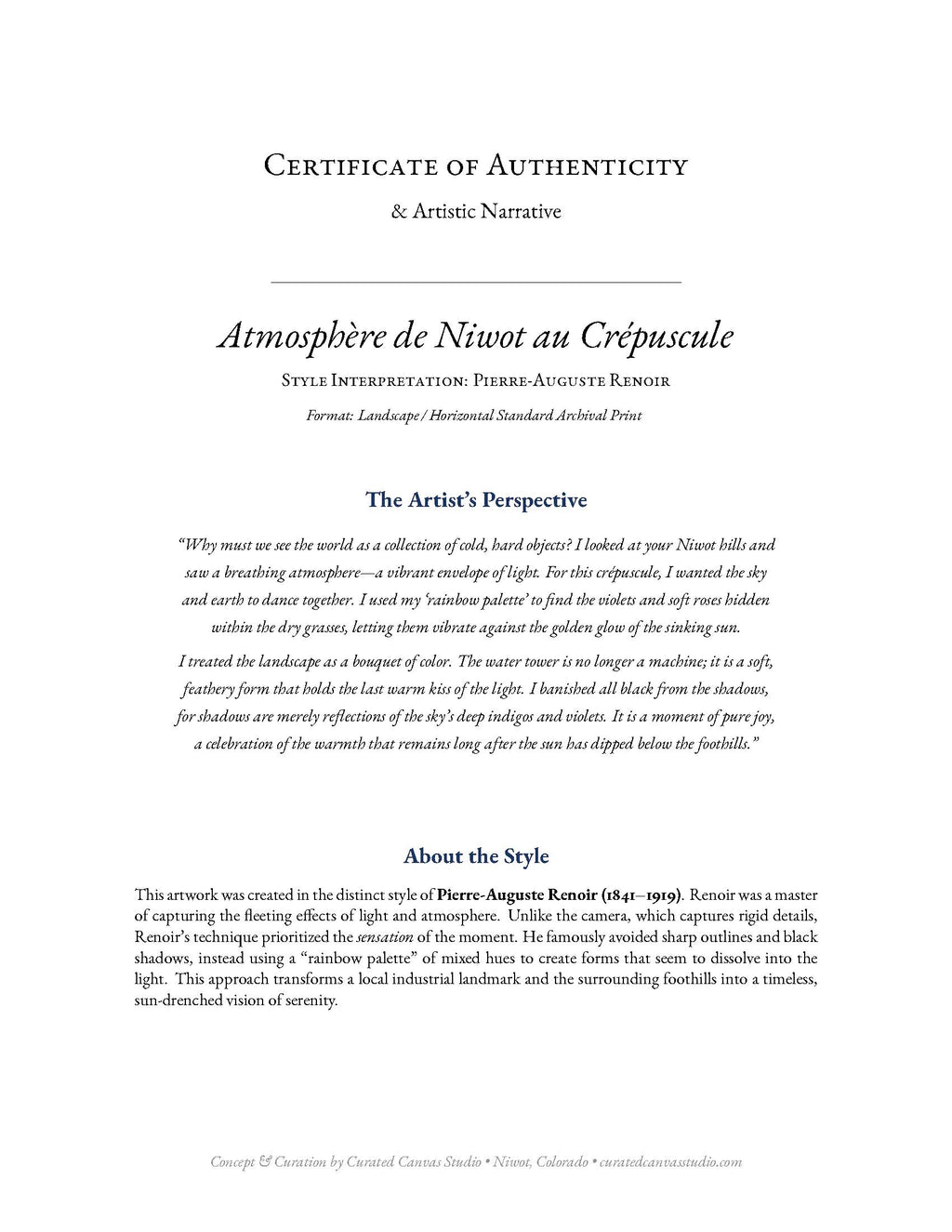 Certificate of Authenticity for an artwork titled 'Atmosèpheøre de Nivot au Crépuscule' by Pierre-Auguste Renoir.
