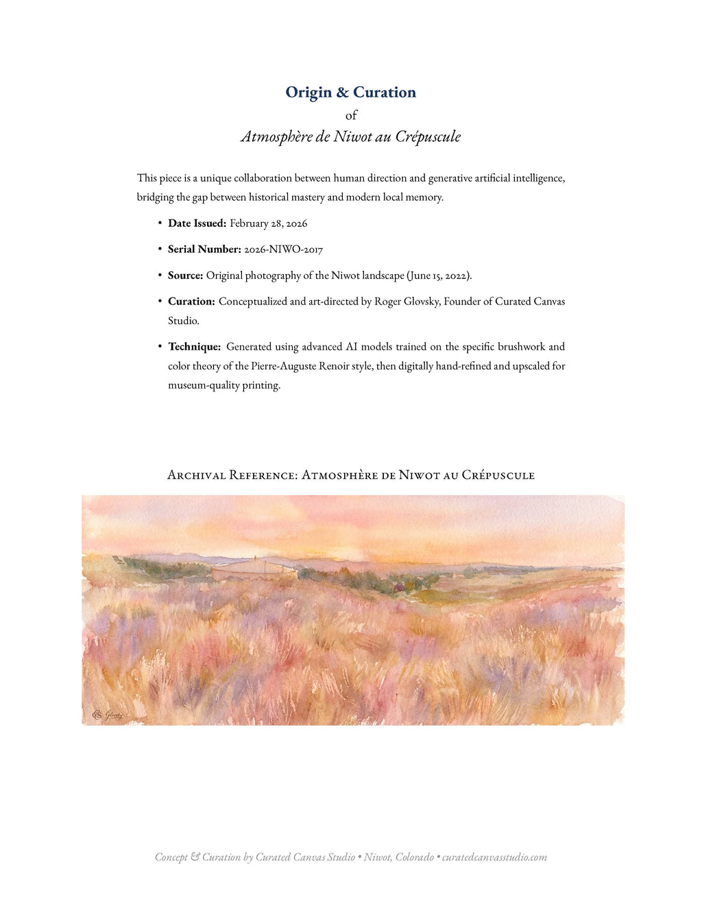 Origin & Curation of Atmosphere de Niwot au Crepuscule