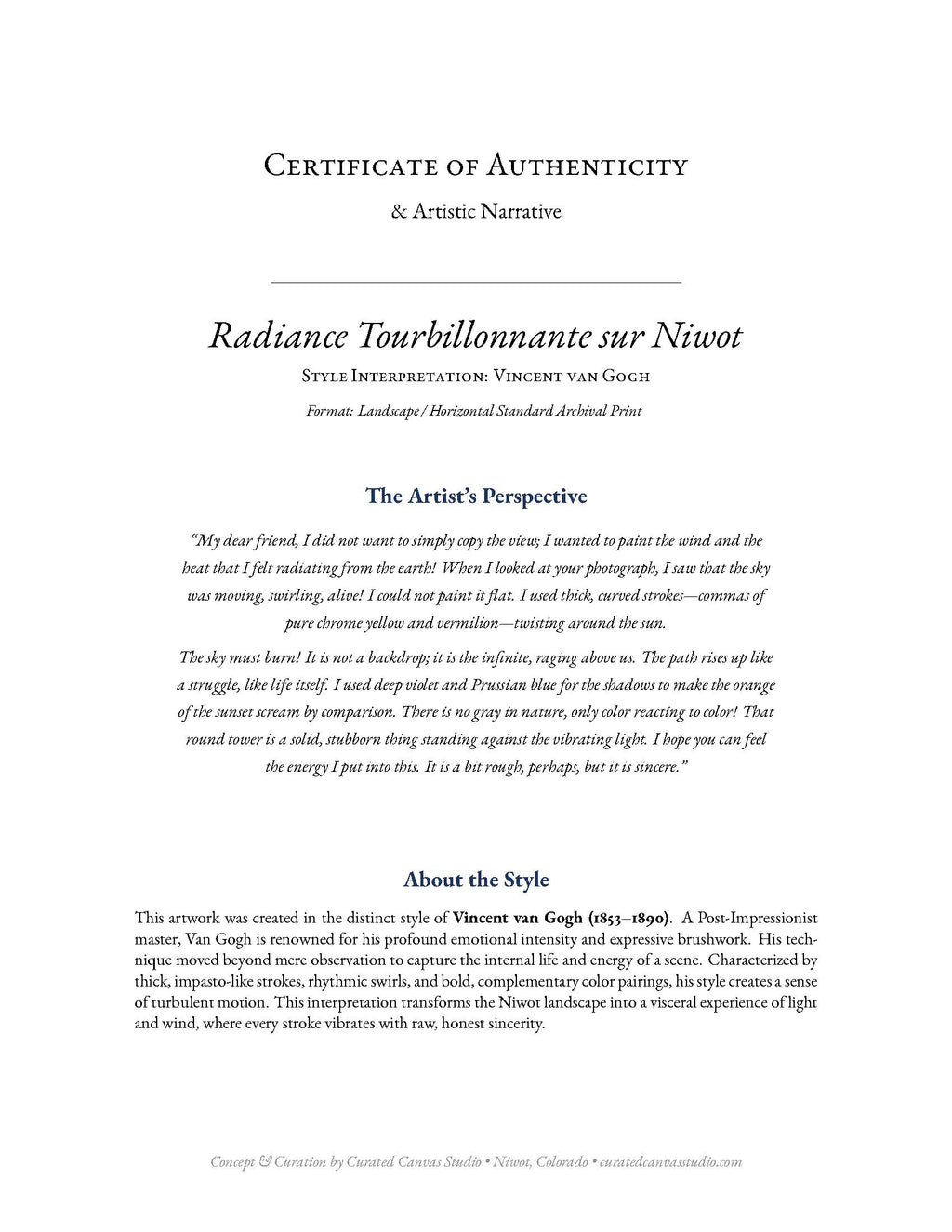 Certificate of Authenticity and Artistic Narrative for Vincent van Gogh's 'Radiance Tourbillonnee sur Niwot'.