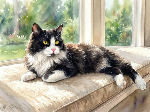 An upright watercolor portrait of a fluffy black and white tuxedo cat with intense yellow eyes sitting on a window seat, featuring a soft, blurred green garden background in the expressive style of John Singer Sargent.