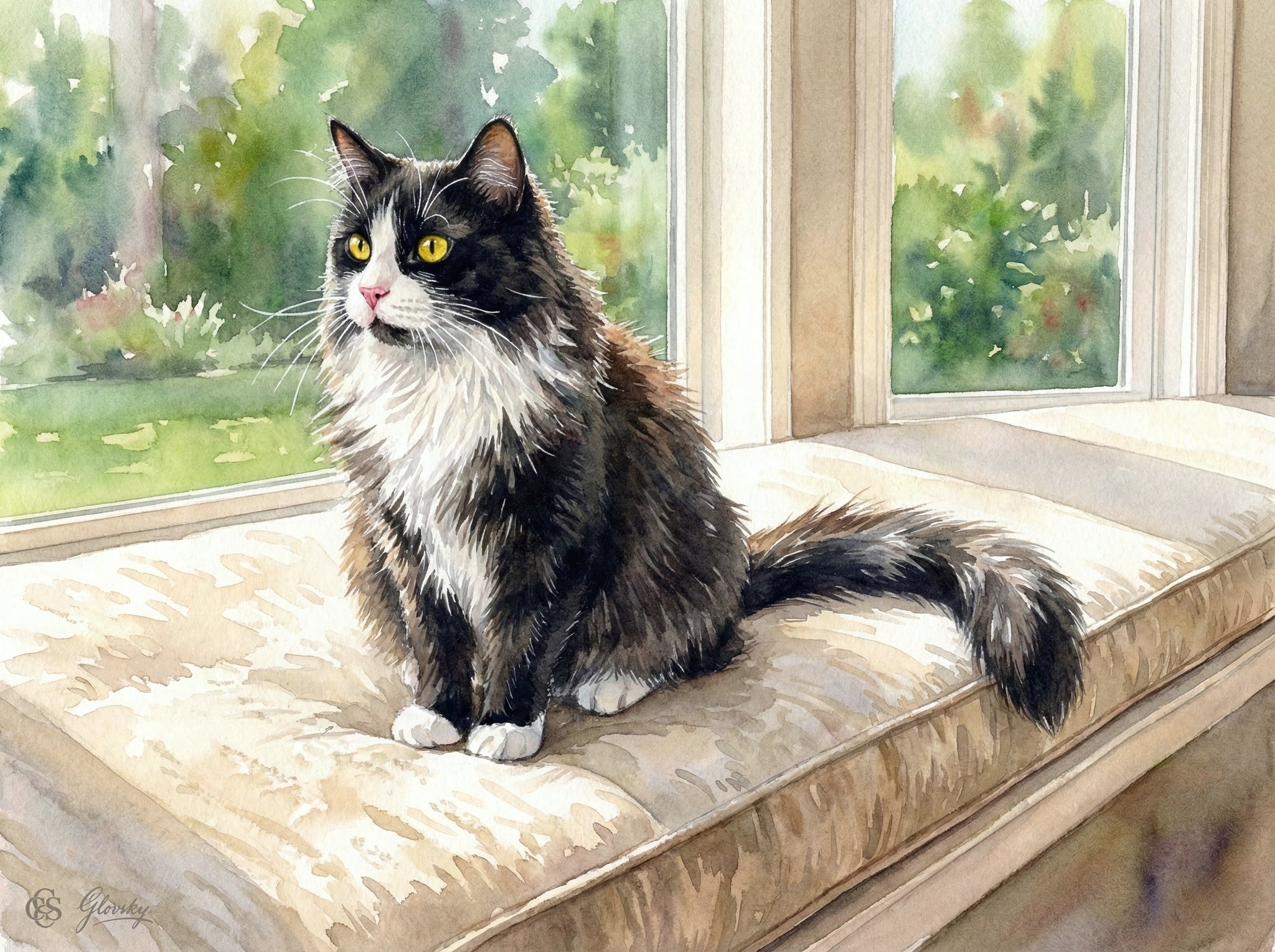 A majestic watercolor portrait of a long-haired black and white tuxedo cat with bright yellow eyes sitting on a window seat, featuring lush green garden foliage in a soft-focus Sargent style.
