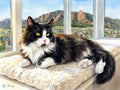 Professional watercolor of a tuxedo cat resting on a window seat with the Boulder Flatiron mountains in the background, featuring Sargent-style rim-lighting and detailed dry-brush whiskers.