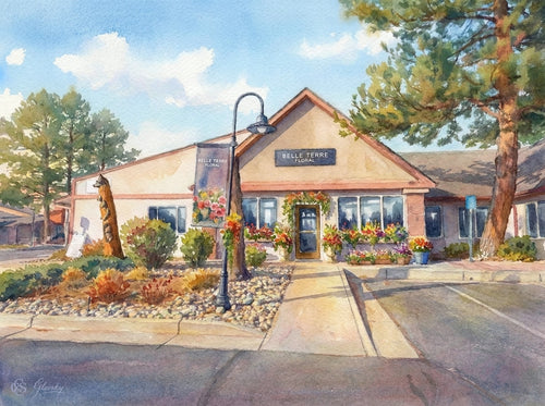 Soft Renoir-style watercolor of Belle Terre Floral in Niwot, Colorado, featuring warm ochre paths and vibrant winter bushes alive with rose and gold.