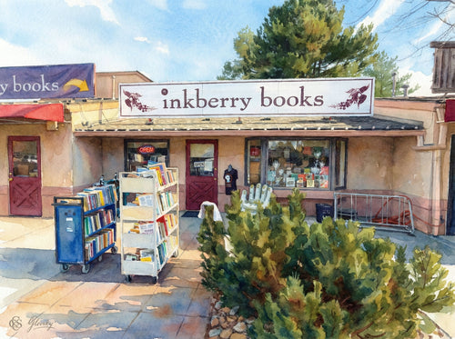 Whimsical Renoir-style watercolor of Inkberry Books in Niwot, featuring colorful rolling book carts and the iconic white hand chair.