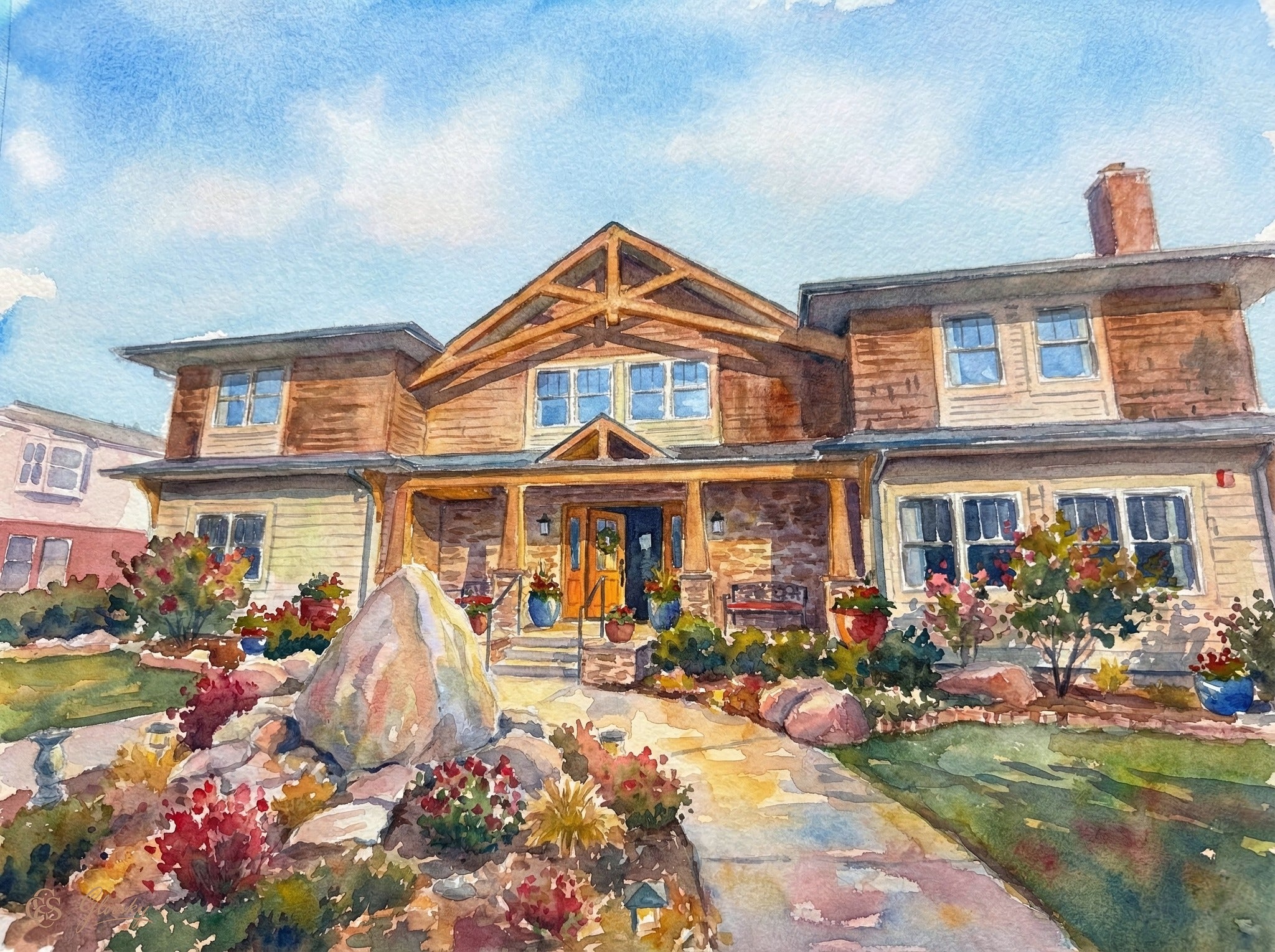 A vibrant Renoir-style watercolor of the Niwot Inn featuring sun-dappled walkways and a 'Chrono-Luminous' amber glow from the windows.