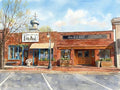 A Renoir-style watercolor of Little Bird and Few of a Kind in Niwot, featuring sun-baked red brick, whimsical blue trim, and a playful white hand chair.