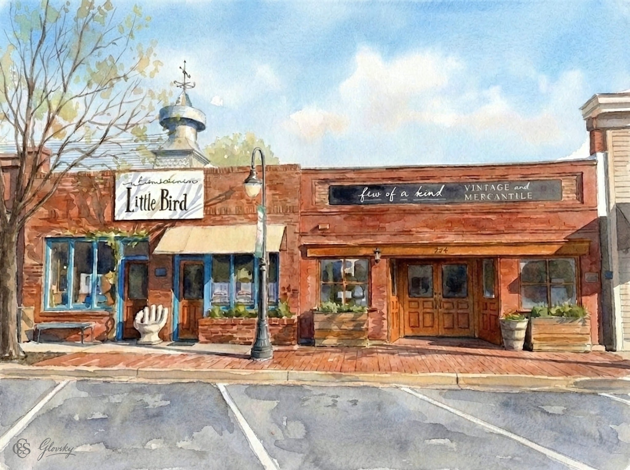 A Renoir-style watercolor of Little Bird and Few of a Kind in Niwot, featuring sun-baked red brick, whimsical blue trim, and a playful white hand chair.